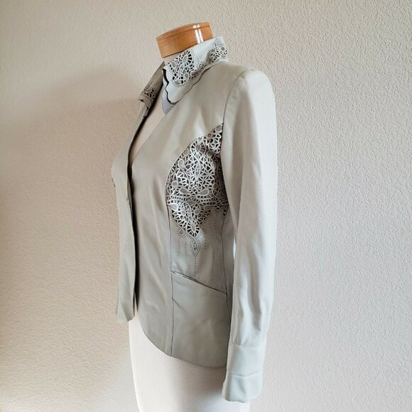 RARE Vera Pelle Lasercut Side Panel Real Soft Leather Collared Seafoam Jacket S* - Picture 4 of 10